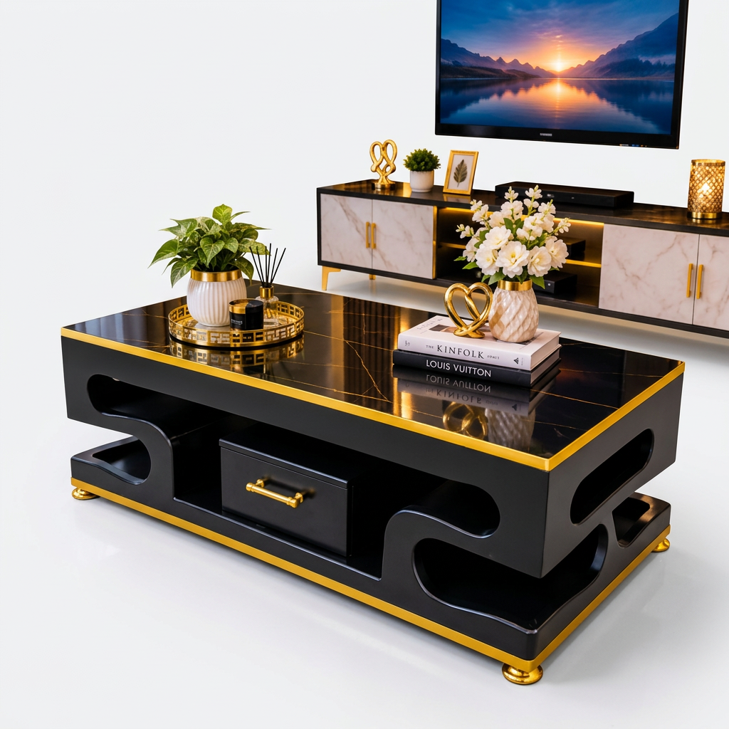 Executive black Coffee  Table With marble topping