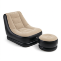 Beige and black inflatable lounge chair with matching round footstool