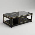 Black coffee table with gold-tone trim, marble-look top and drawer