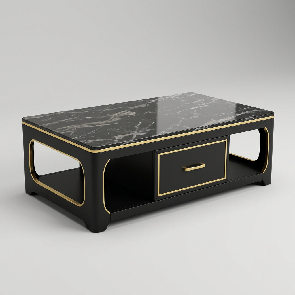 Black coffee table with gold-tone trim, marble-look top and drawer