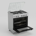 Silver freestanding cooker with three gas burners, one electric hotplate and oven