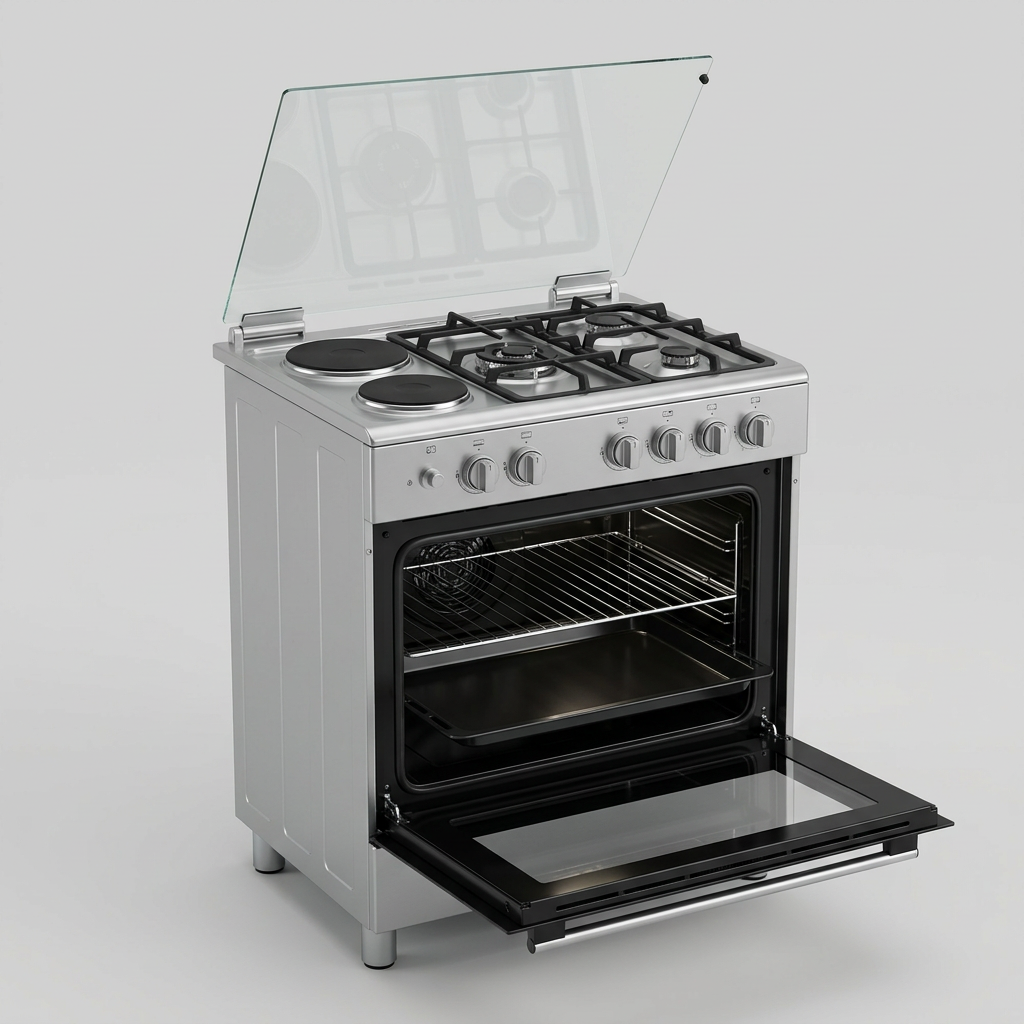 Silver freestanding cooker with three gas burners, one electric hotplate and oven